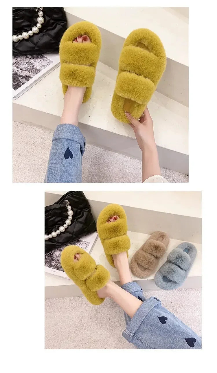 Cozy Double Fur Cross-Strap Plush Slippers | Warm Indoor Footwear