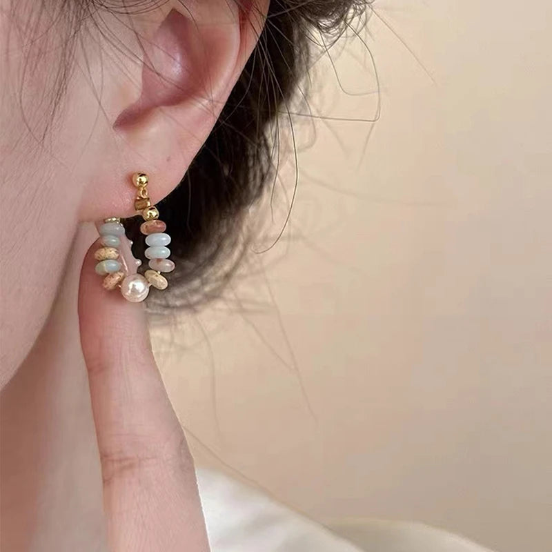 Elegant Natural Stone Beaded Pearl Pendant Earrings for Women