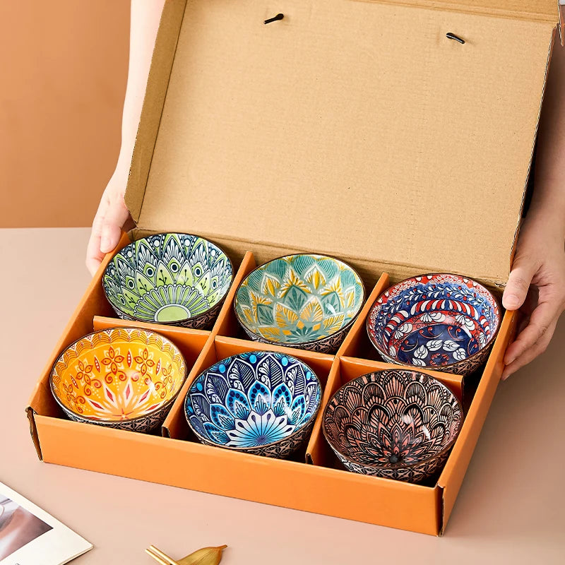 6-Piece Bohemian Mandala Ceramic Bowls | Stylish & Versatile