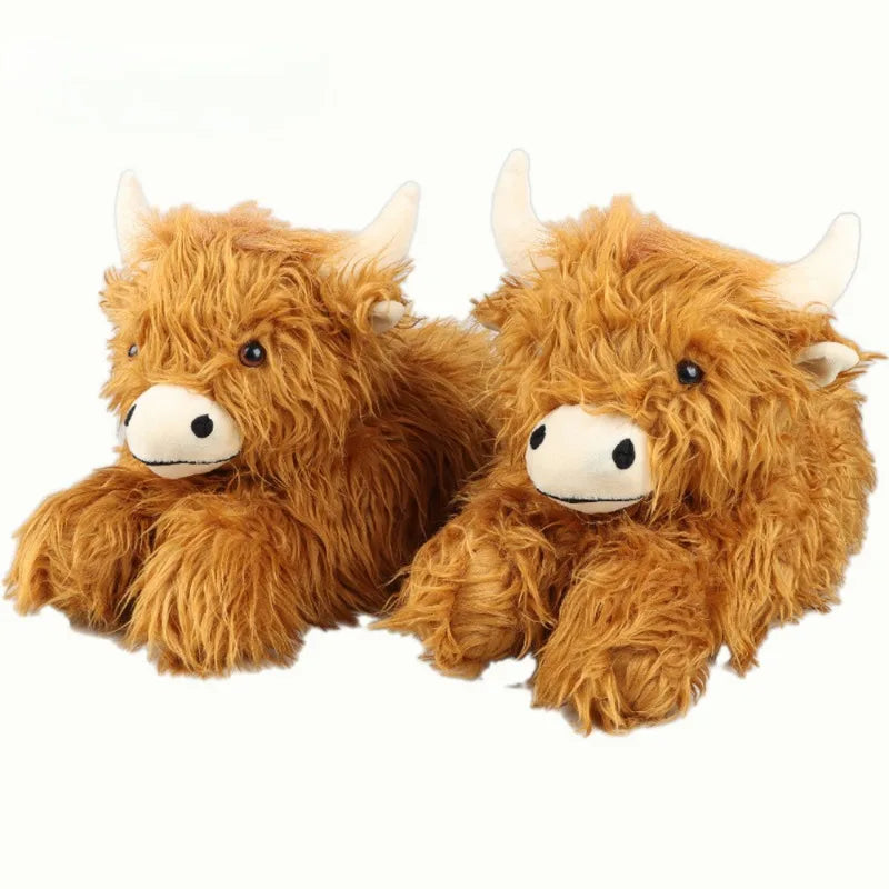 Winter Highland Cow Plush Slippers | Cute Fluffy Animal Slides