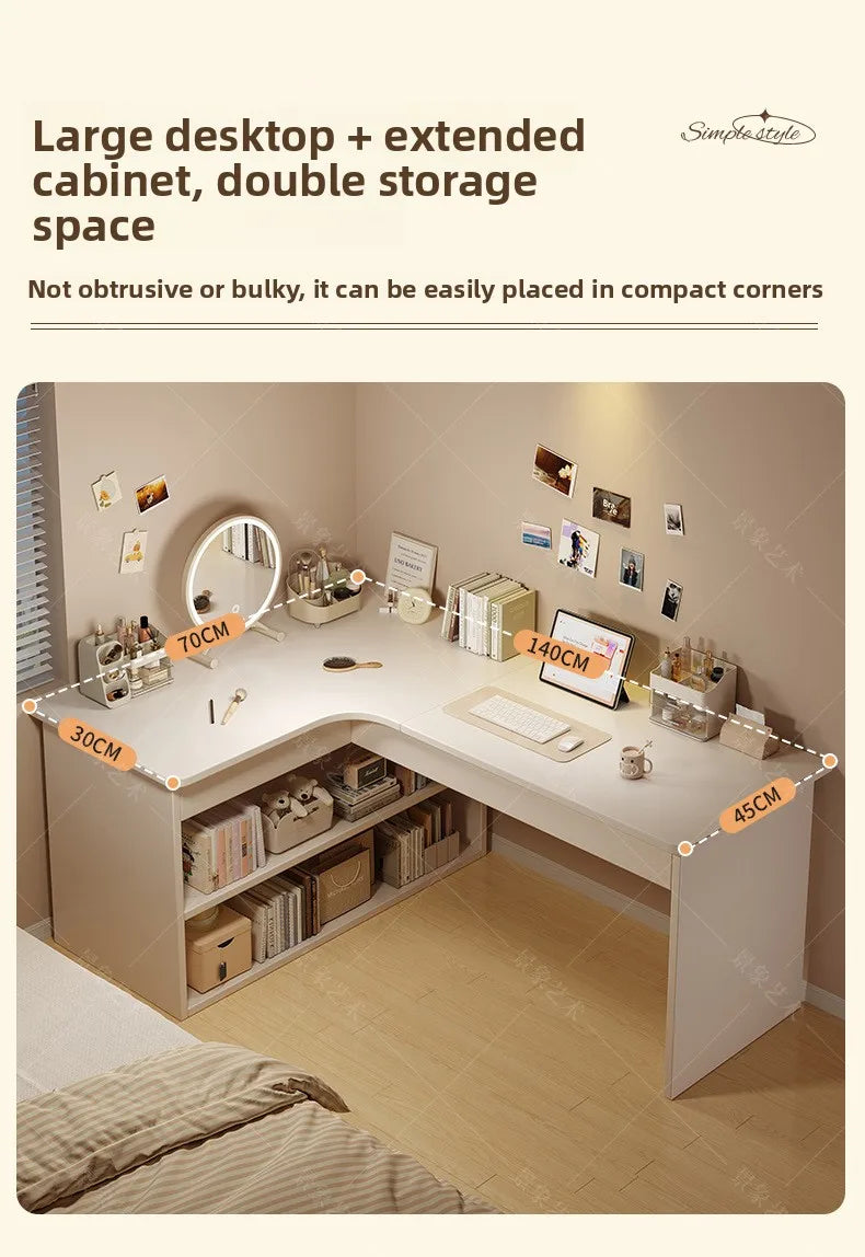 Integrated Corner Workbench & Bookshelf | Modern White Computer Desk