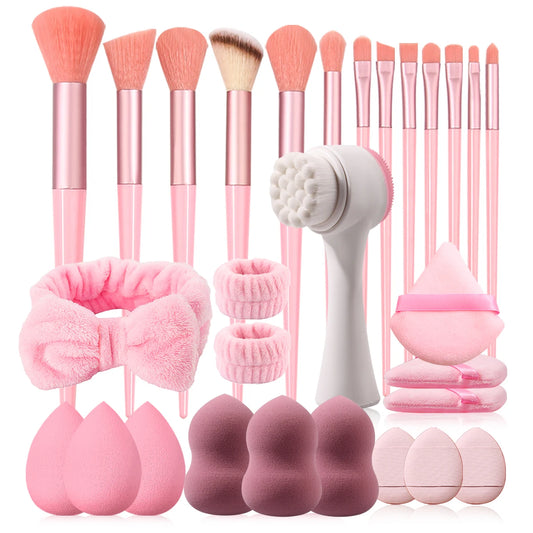 29 Piece Makeup Tool Kit – 13pcs Soft Wool Fiber Brushes + 12pcs Makeup Sponges, Silicone Face Wash Brush, Headband & Wristband – Complete Beauty Accessories Set