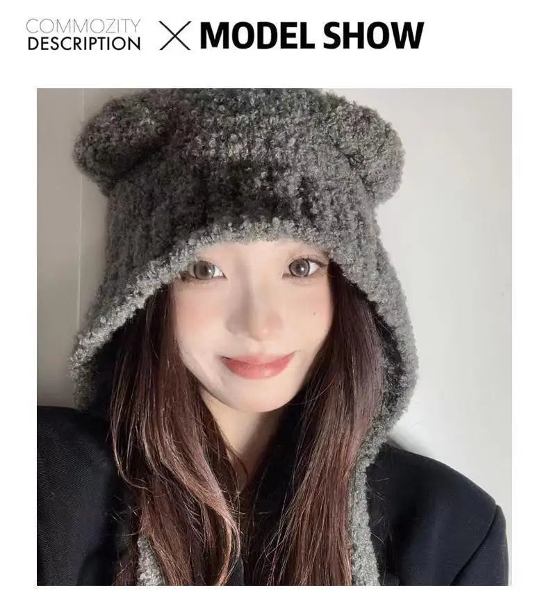 Women's Cute Bear Ear Plush Beanie | Cozy Winter Bomber Hat