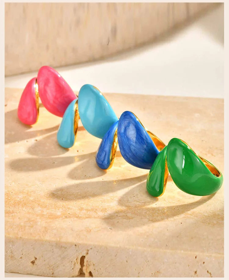Chunky Open Twist Stackable Rings for Women, Blue Geometric Bold Enamel Crossover Statement Ring Band Waterproof