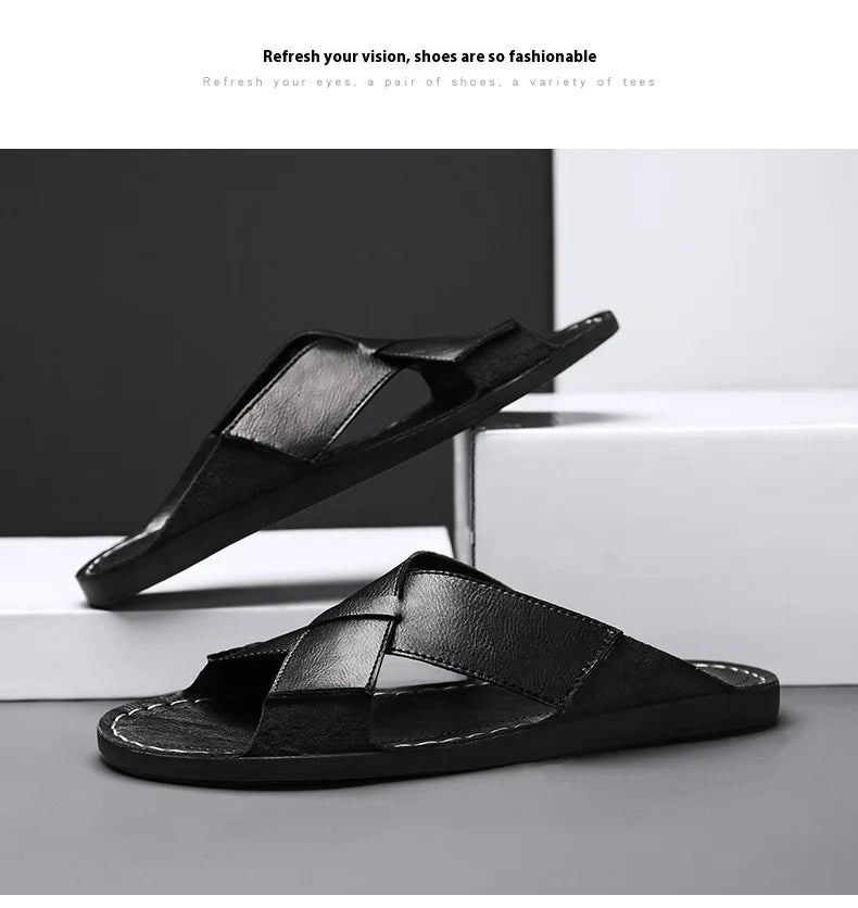 Plus Size Men Leather Slippers Homes In Indoor Slippers Summer Open Toe Sandals Comfy Antiskid Soft Bottom Casual Walking Shoes