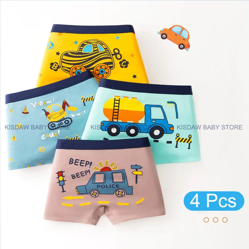 Boys Cotton Underwear | 4-Pack Cartoon Boxer Briefs for Kids