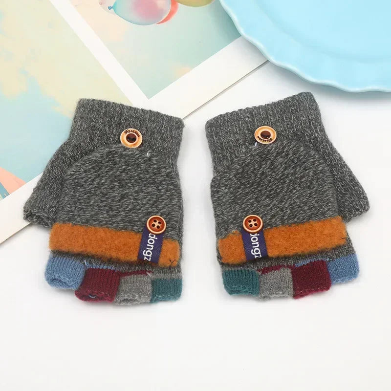 Kids Half Finger Flip Gloves | Warm Jacquard Design for Winter