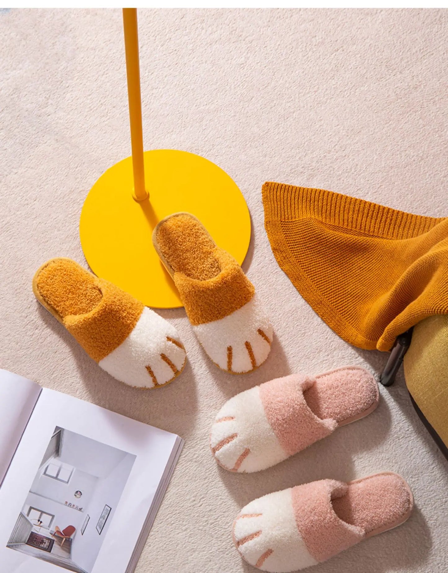 Pantuflas afelpadas de pata de gato para mujer | Zapatillas cómodas de invierno para interiores
