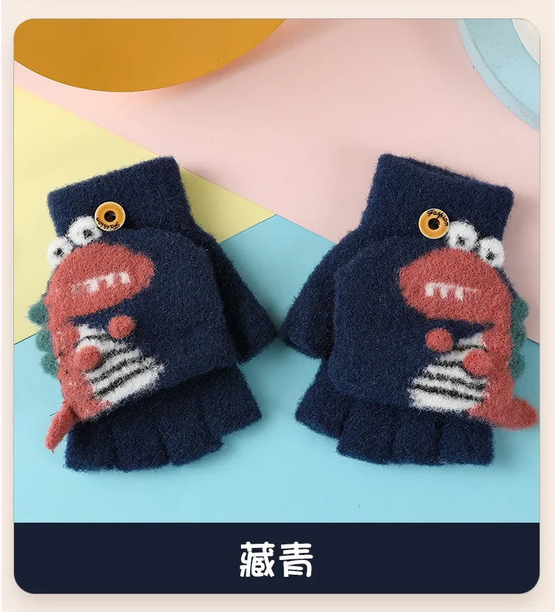 Kawaii Cartoon Dino Kids Half Finger Gloves | Winter Warmth for Fun