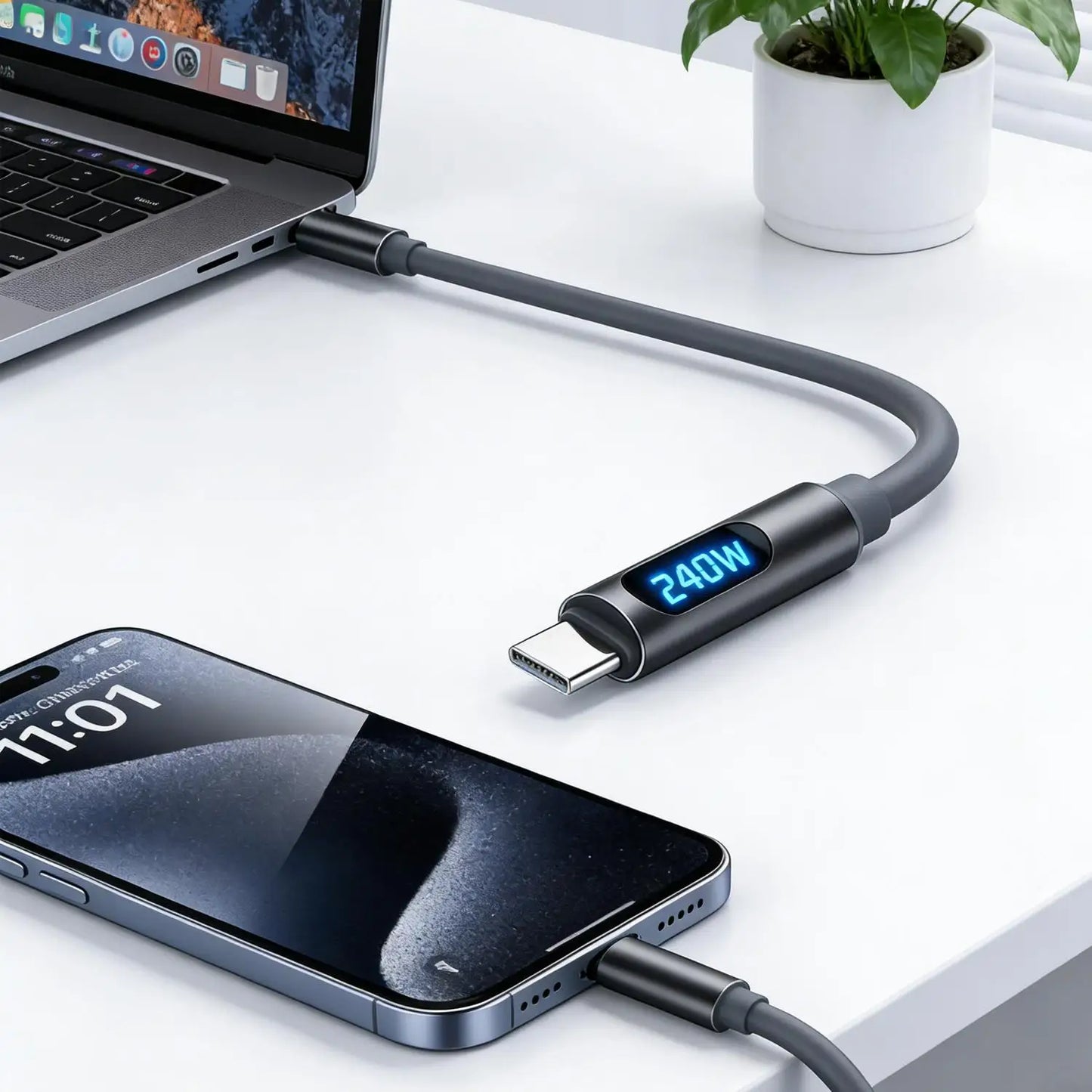USB C To Type-C Charger Cable 240W High-speed Quick Charging LED Digital Display Data Line for IPhone 17 Samsung Xiaomi Huawei