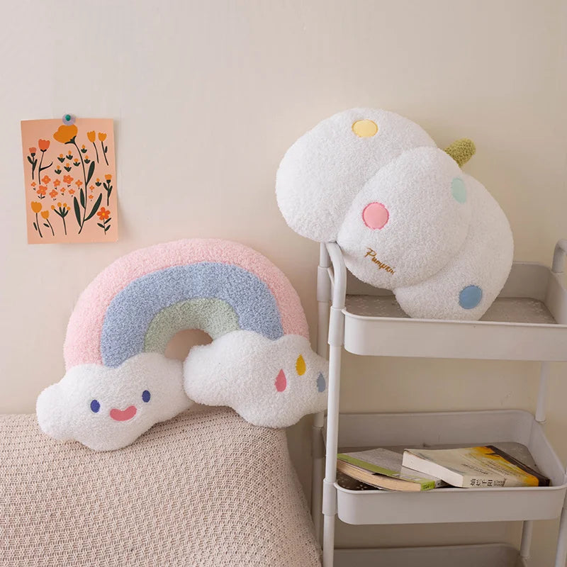 Soft Plush Rainbow Heart & Pumpkin Throw Pillow — Stuffed Hug Cushion Unicorn Plush Toy Massage Pillow for Girl Bedroom Decor