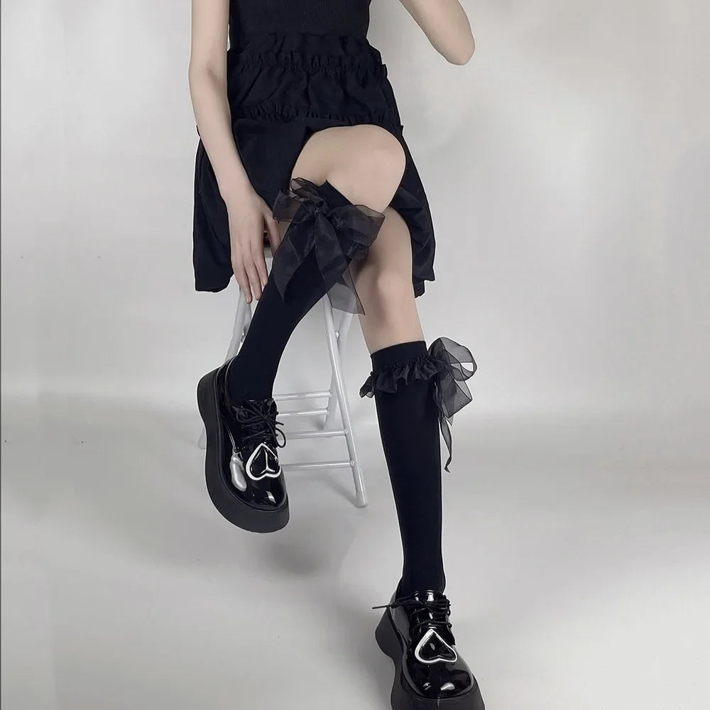 Kawaii Cute Black Stockings with Bowknot & Ruffles for Women