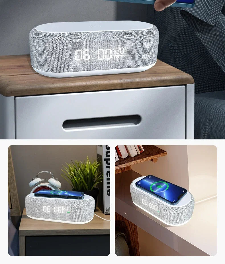15W Wireless Charger Alarm Clock with LED Night Light — Multifunction Bedside Dock, Digital Thermometer & Time Display for iPhone 17 / 16 / 15 / 14 / 13 & Qi-Compatible Phones