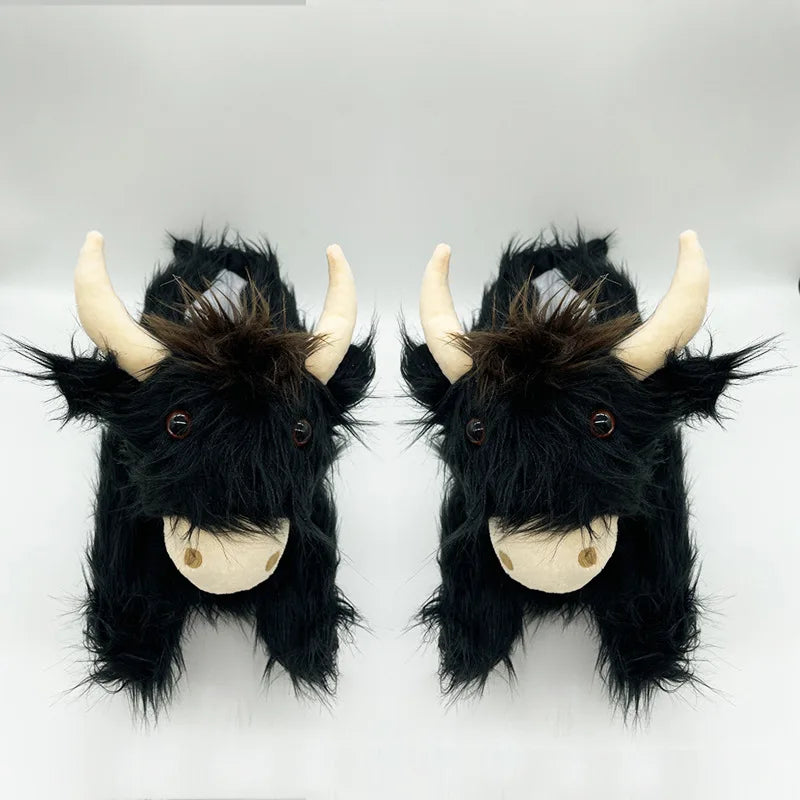 Winter Highland Cow Plush Slippers | Cute Fluffy Animal Slides