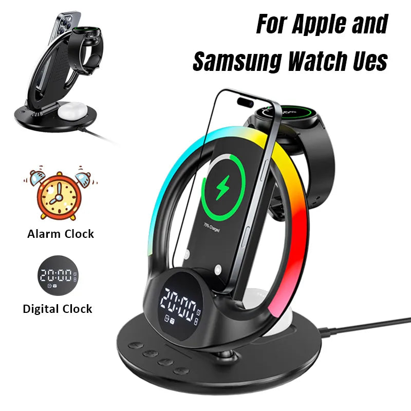 Cargador inalámbrico 6 en 1 con luz RGB y despertador | Carga rápida