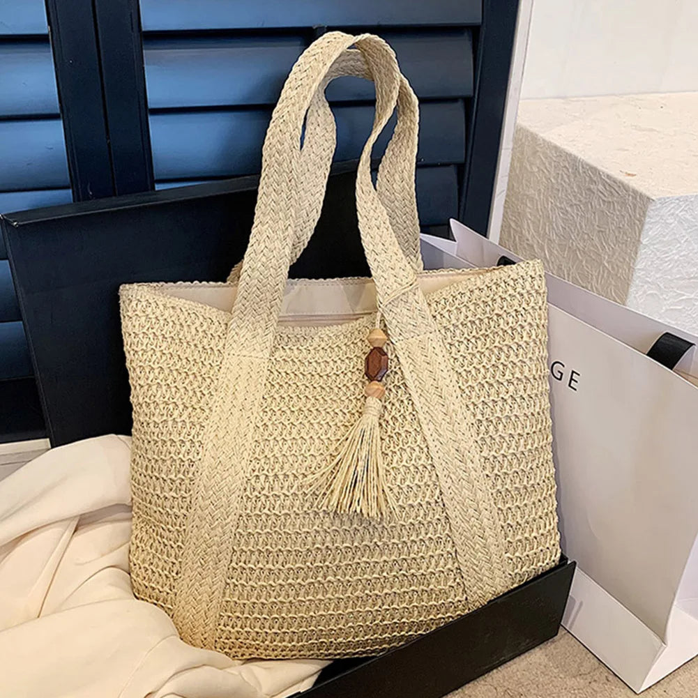 Stylish Hand-Woven Straw Beach Tote Bag for Women | Boho Chic