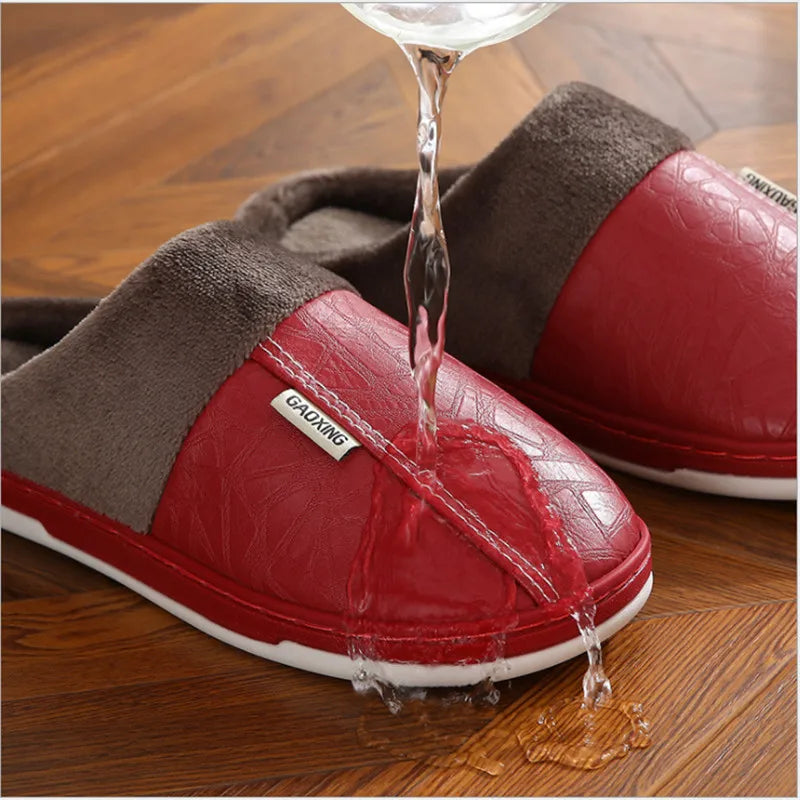 Men's Warm PU Leather Plush Slippers | Cozy Waterproof House Shoes