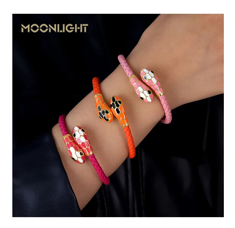 MOONLIGHT Classic Style Double Snake Head Cuff Bangles for Women Genuine Braided Leather Bracelets Female Fashion Jewelry Gifts