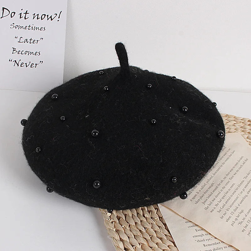 Wool Kids Winter Hat | Stylish Baby Beret with Pearl Detailing