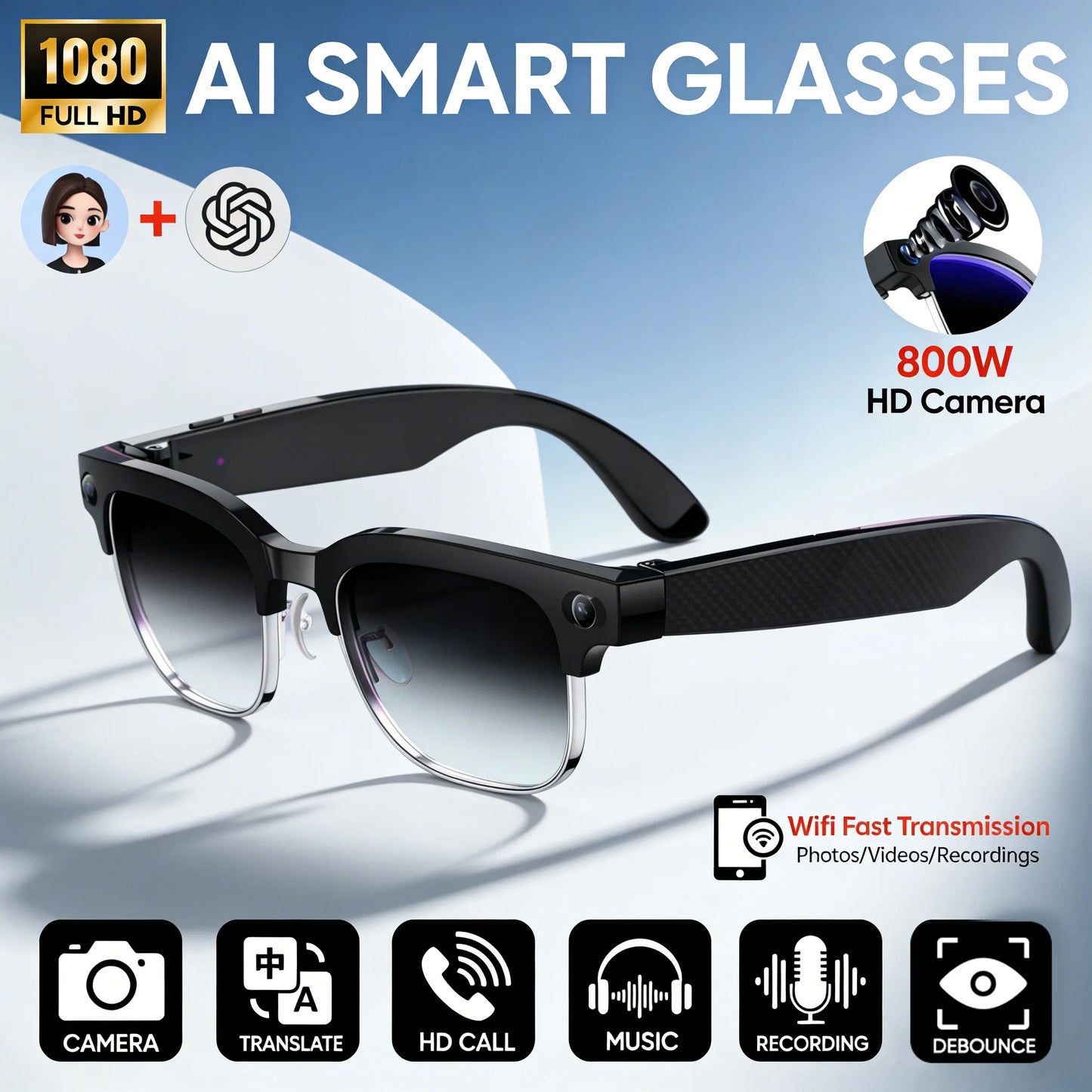 AI Smart Glasses with 800W Camera & Multilingual Translation