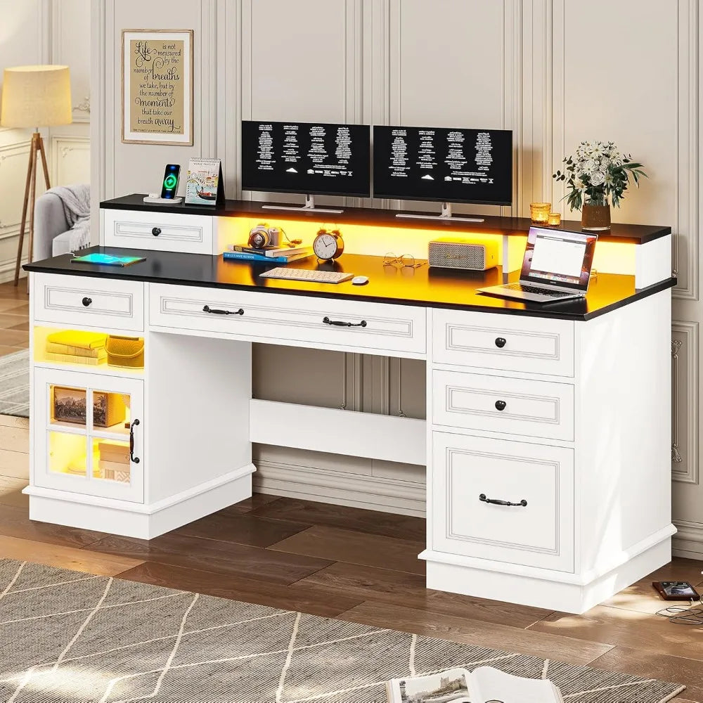 Modern Executive Desk with File Drawer & Monitor Stand | Home Office Furniture