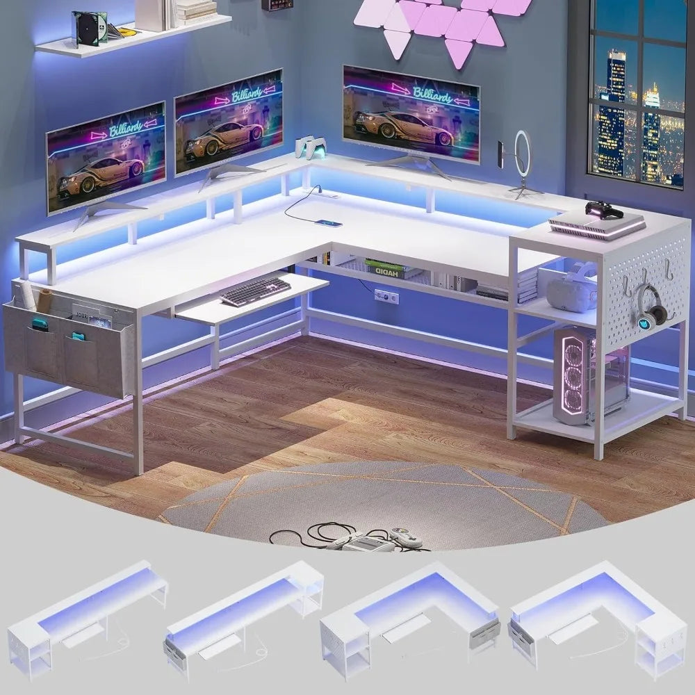 L Shaped Computer Desk with Power Outlets & LED Strip | Modern Workstation