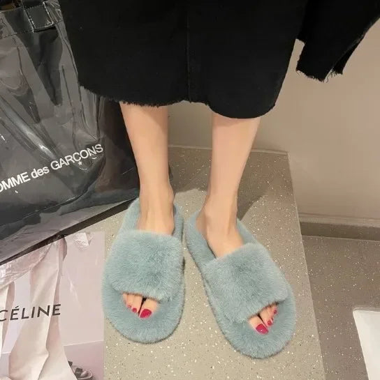 Cozy Double Fur Cross-Strap Plush Slippers | Warm Indoor Footwear