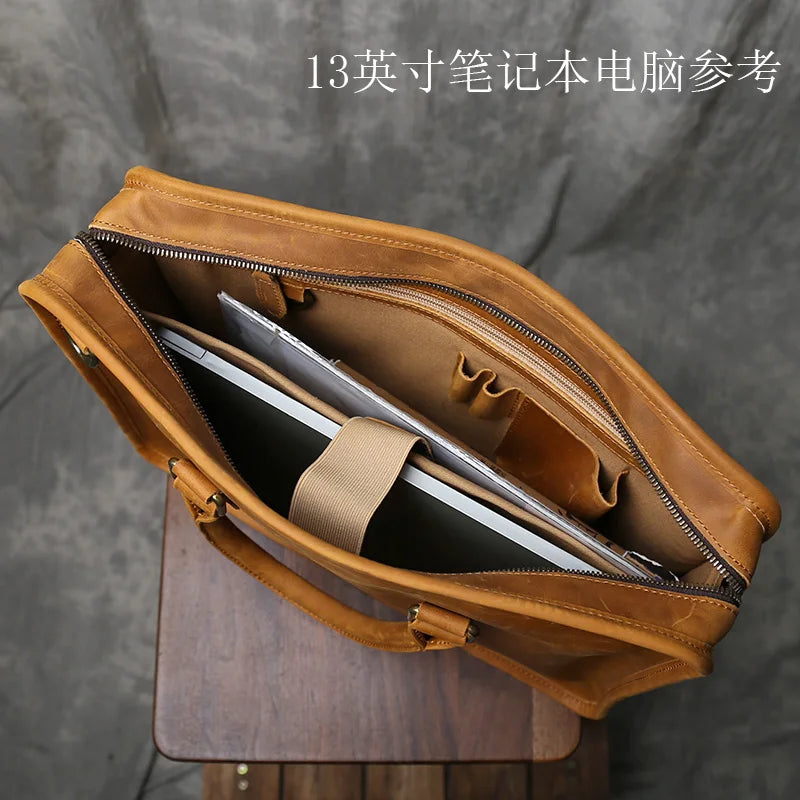 Handmade Genuine Leather Briefcase | Retro Large Capacity Laptop Bag