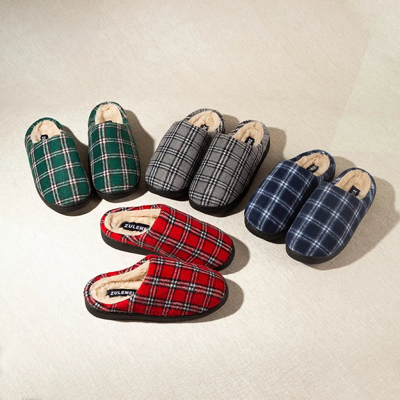 Men's Striped Plaid Fleece Slippers | Warm Cozy House Shoes