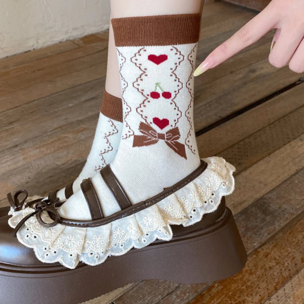 Cute Women's Mid-Calf Socks | Charming Cherry Bow Design