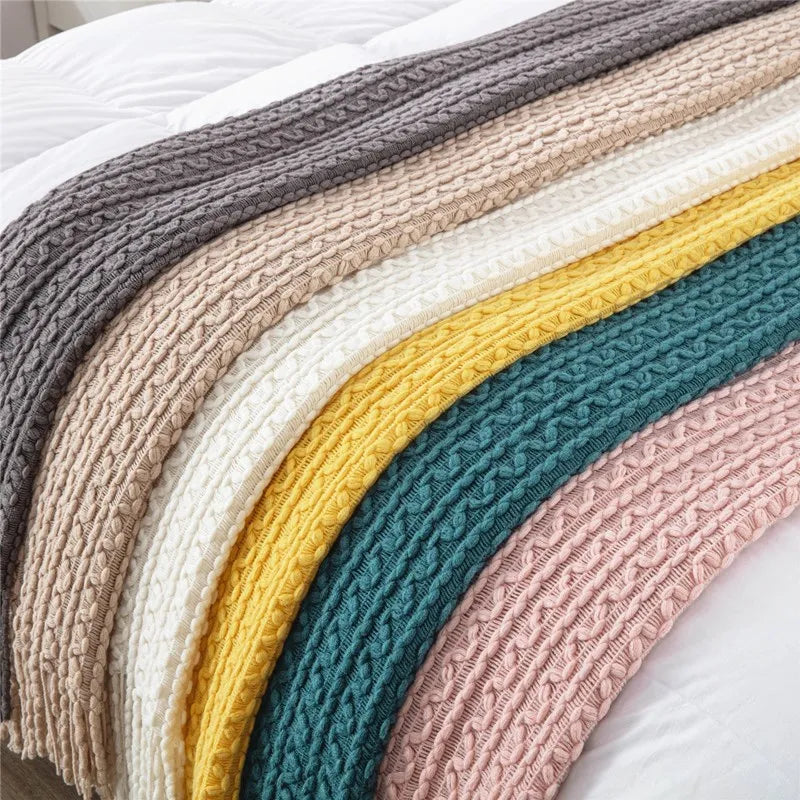 Cozy Yellow Boho Knitted Blanket | Soft Travel Nap Comfort