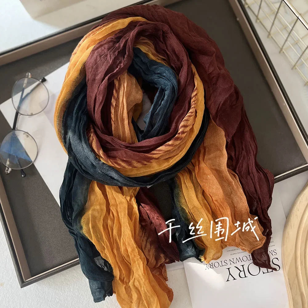Elegant Women's Long Cotton Hemp Gradient Scarf for Winter Fashion