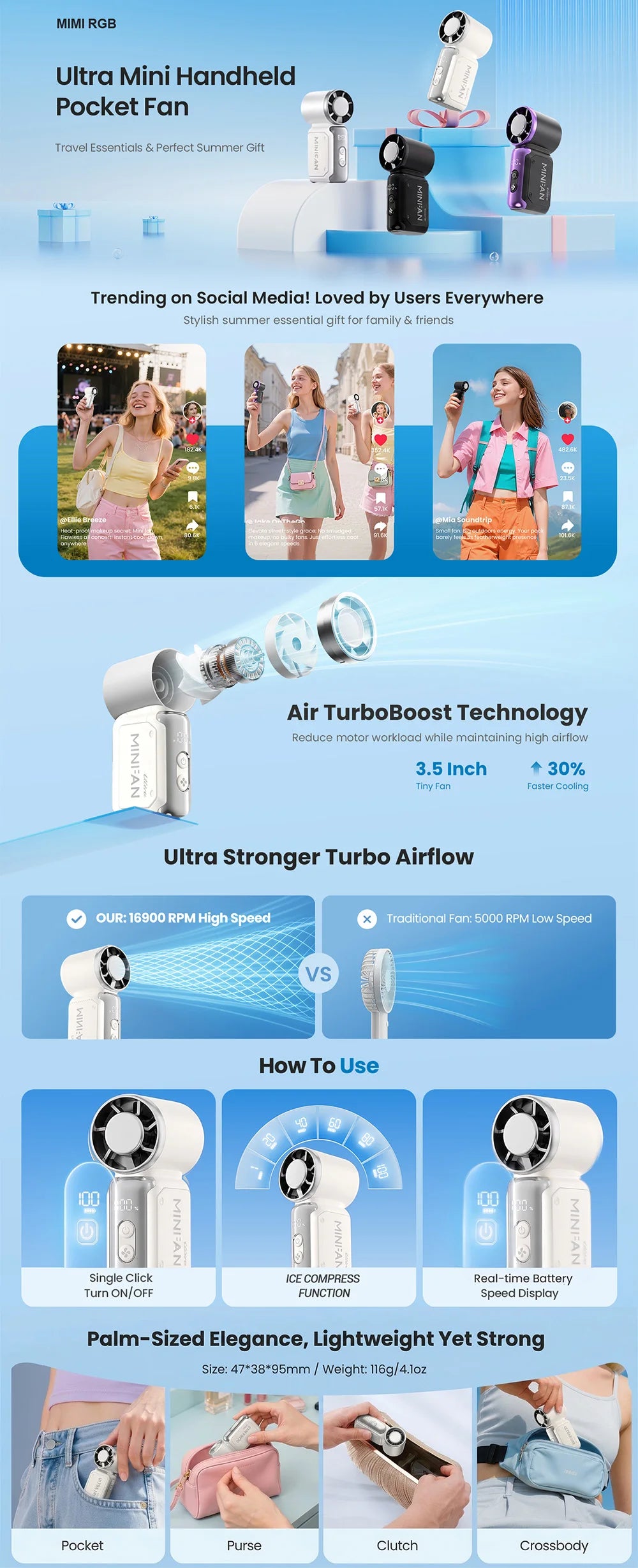 Portable Mini Handheld Fan with LED Display - Rechargeable Turbo Fan