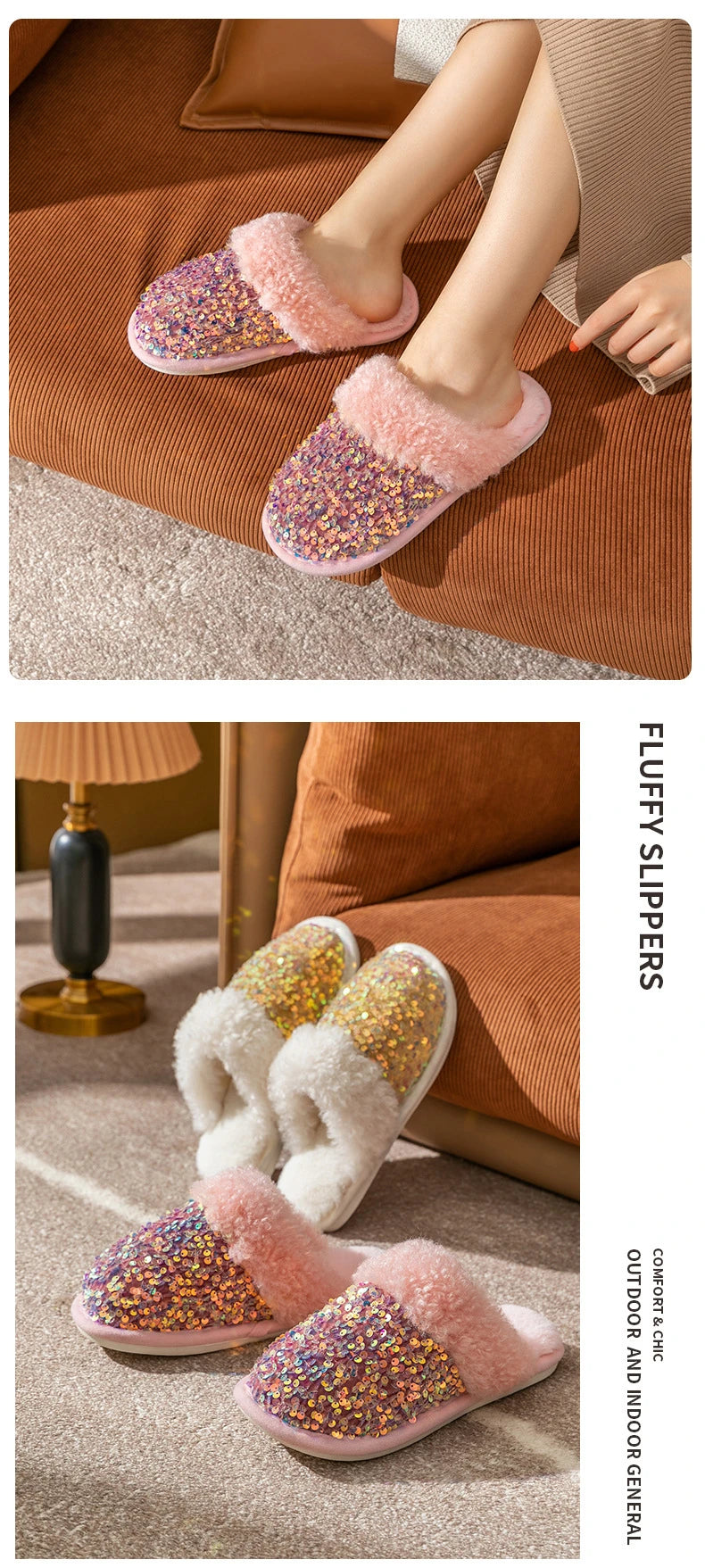 Kawaii Sequin Giraffe Plush Slippers | Cute Winter House Shoes