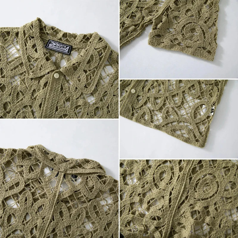 Men's Vintage Floral Embroidery Crochet Knit Shirt | Casual Summer Style