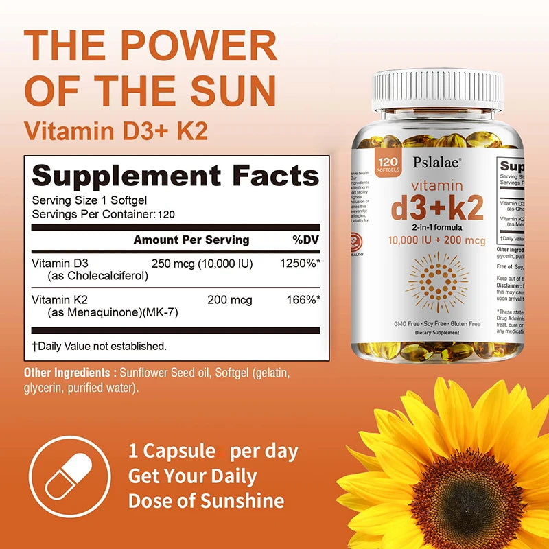 Vitamin D3 10000 IU with K2 200 Mcg | Immune & Joint Support