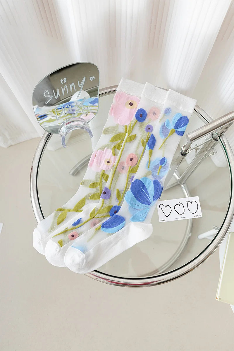 Floral Print Knee High Socks | Stylish Ultra-Thin Summer Stockings