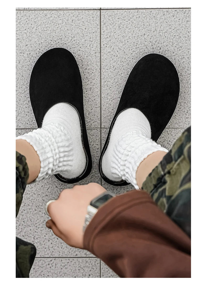 New Men's Slippers New Retro Solid Color Flat Bottom Women's Slingback Shoes Closed Toe Round Toe Suede Clogs Sandals Autumn