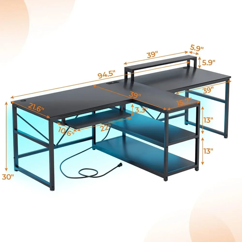 94.5" Dual Person Office Desk with LED Lights & Storage