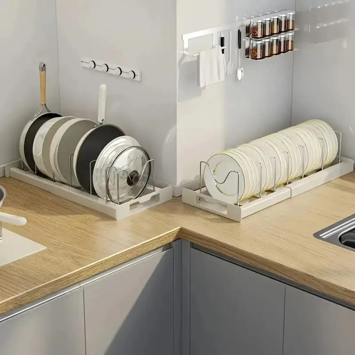 Expandable Kitchen Pot Pan Organizer | Adjustable Lid Storage