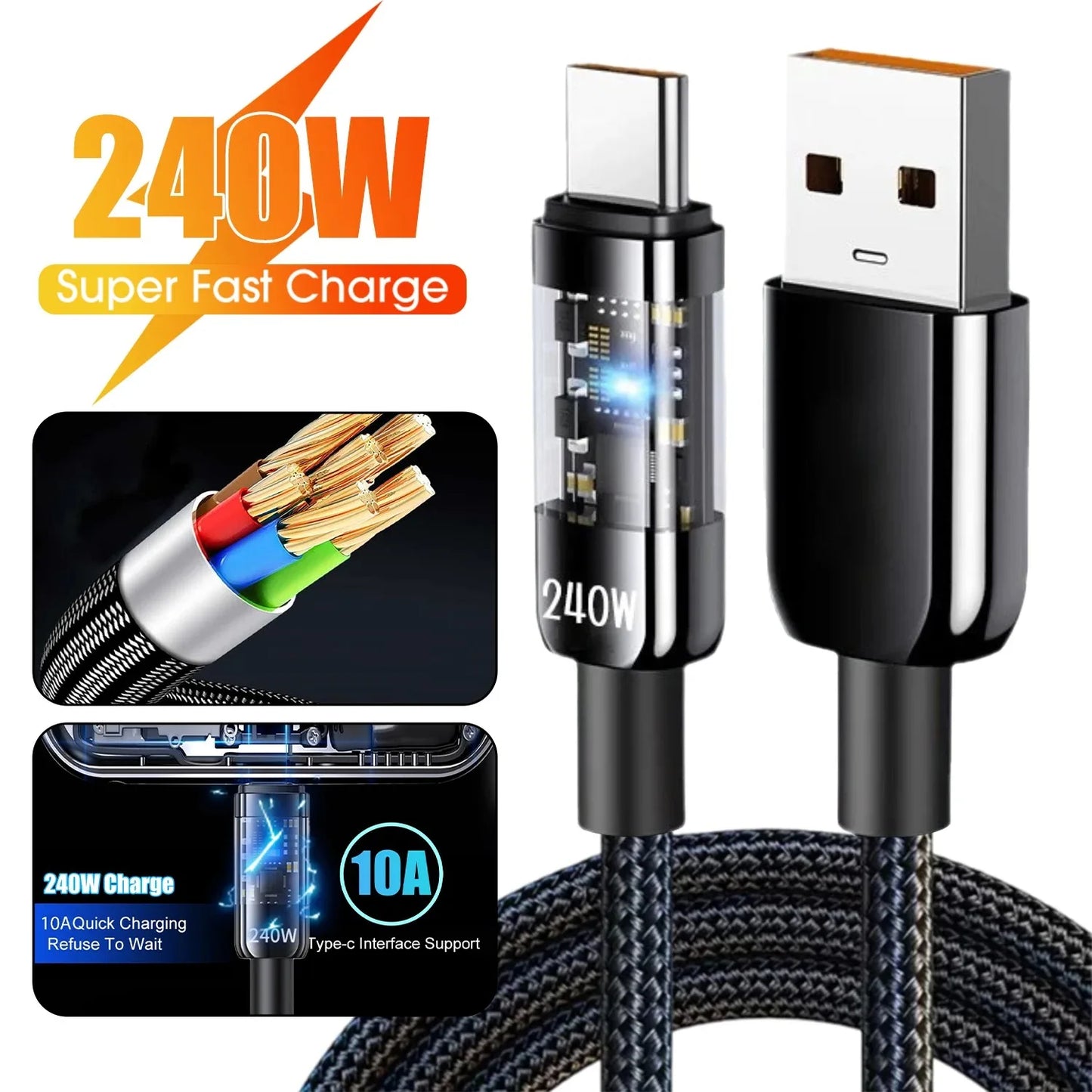240W USB Type-C Fast Charging Cable for Mobile Devices