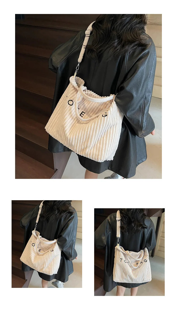 Bolso de mano de terciopelo a rayas de gran capacidad | Bolso tote elegante y versátil
