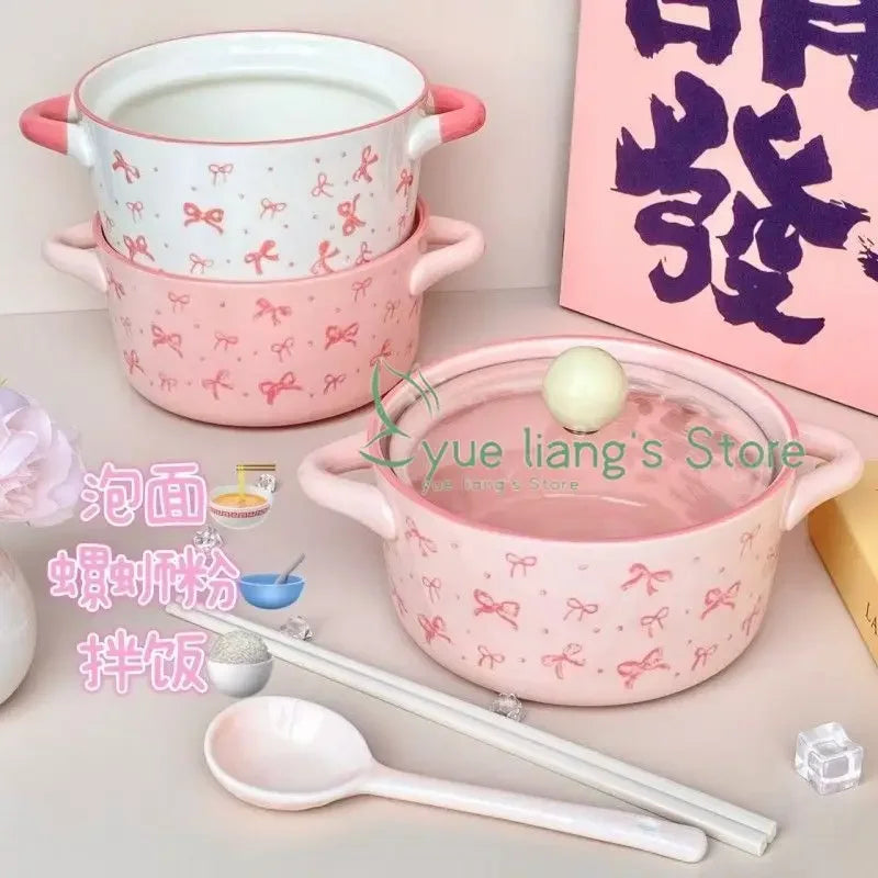 Bol de cerámica con tapa para fideos, diseño de lazo rosa | Adorable tazón para sopa