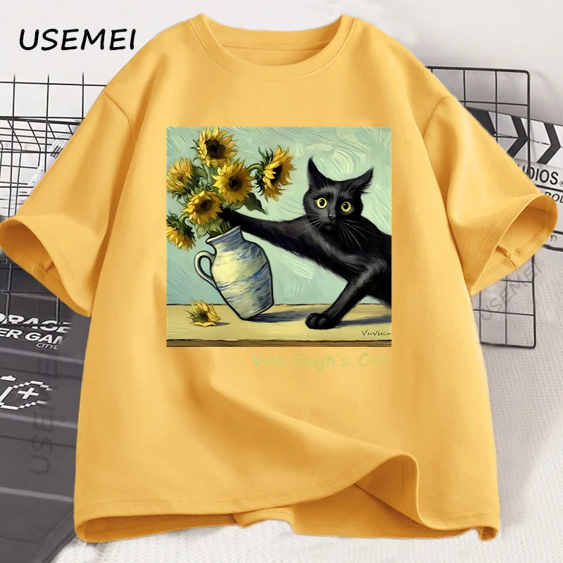 Funny Cat Art Print T-Shirt | Trendy Summer Short Sleeve Tee