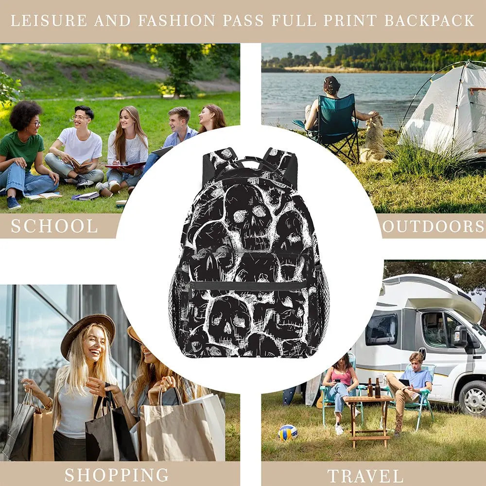 Gothic Skull Print Backpack | Lightweight Casual School Bag