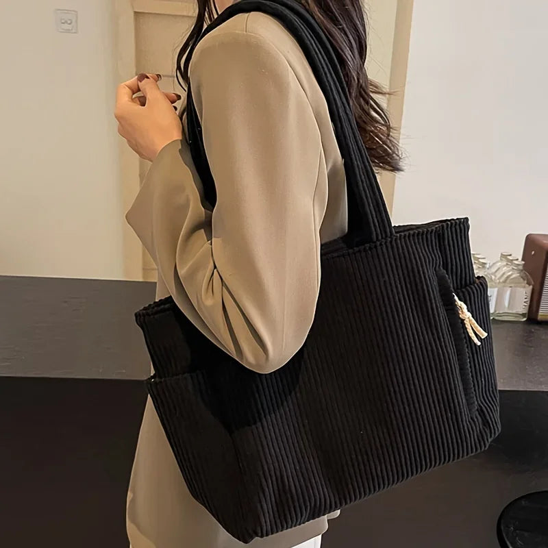 Bolso tote de pana espacioso con cremallera | Bolso de mano elegante