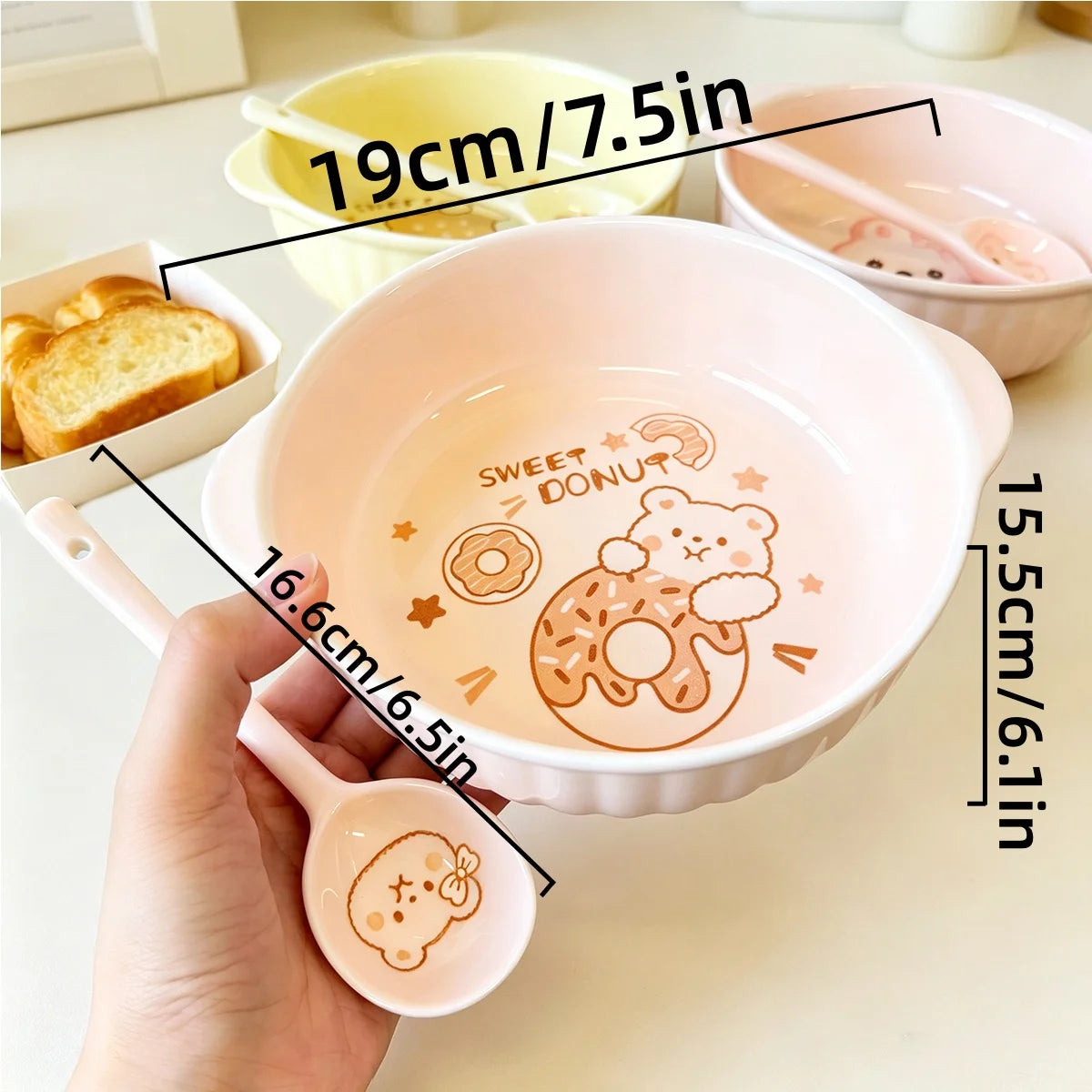 Cute Cartoon Bear Rabbit Ceramic Bowl with Spoon | Microwave & Dishwasher Safe