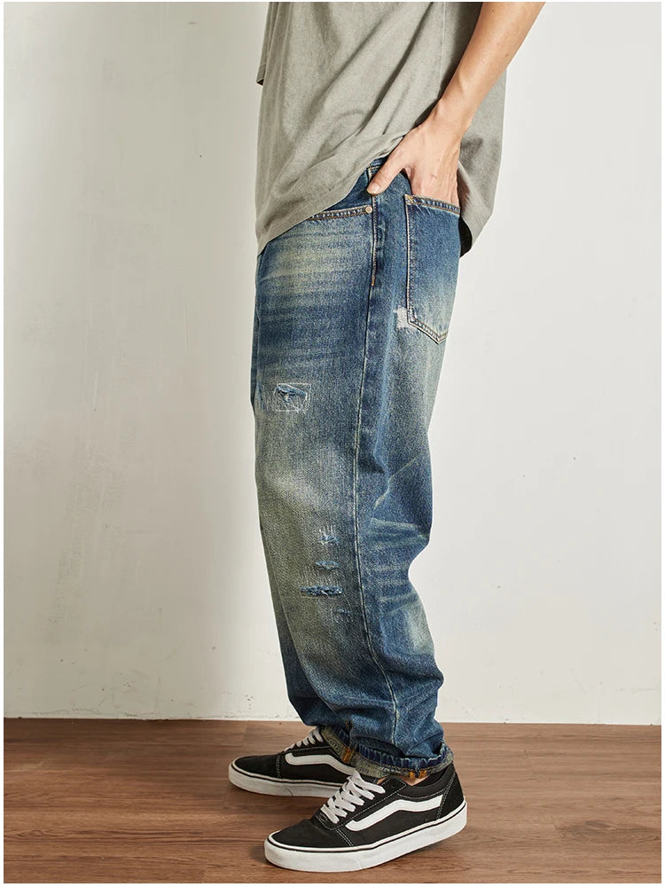 Men's Ripped Vintage Jeans | Casual Heavy Straight Leg Denim