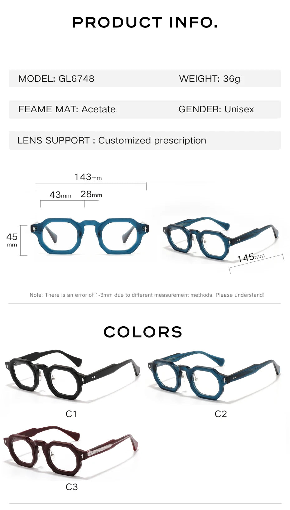 Stylish Hexagonal Acetate Eyeglasses Frames for Men & Women