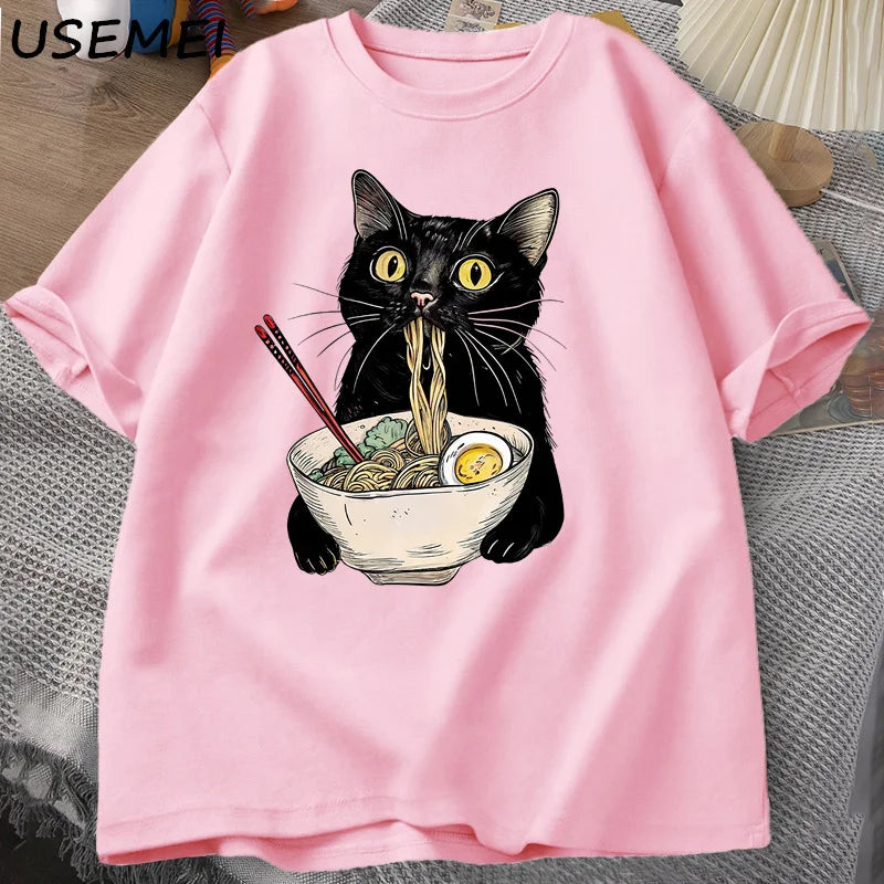Funny Cat Noodle T-Shirt | Retro Casual Tee for Food Lovers
